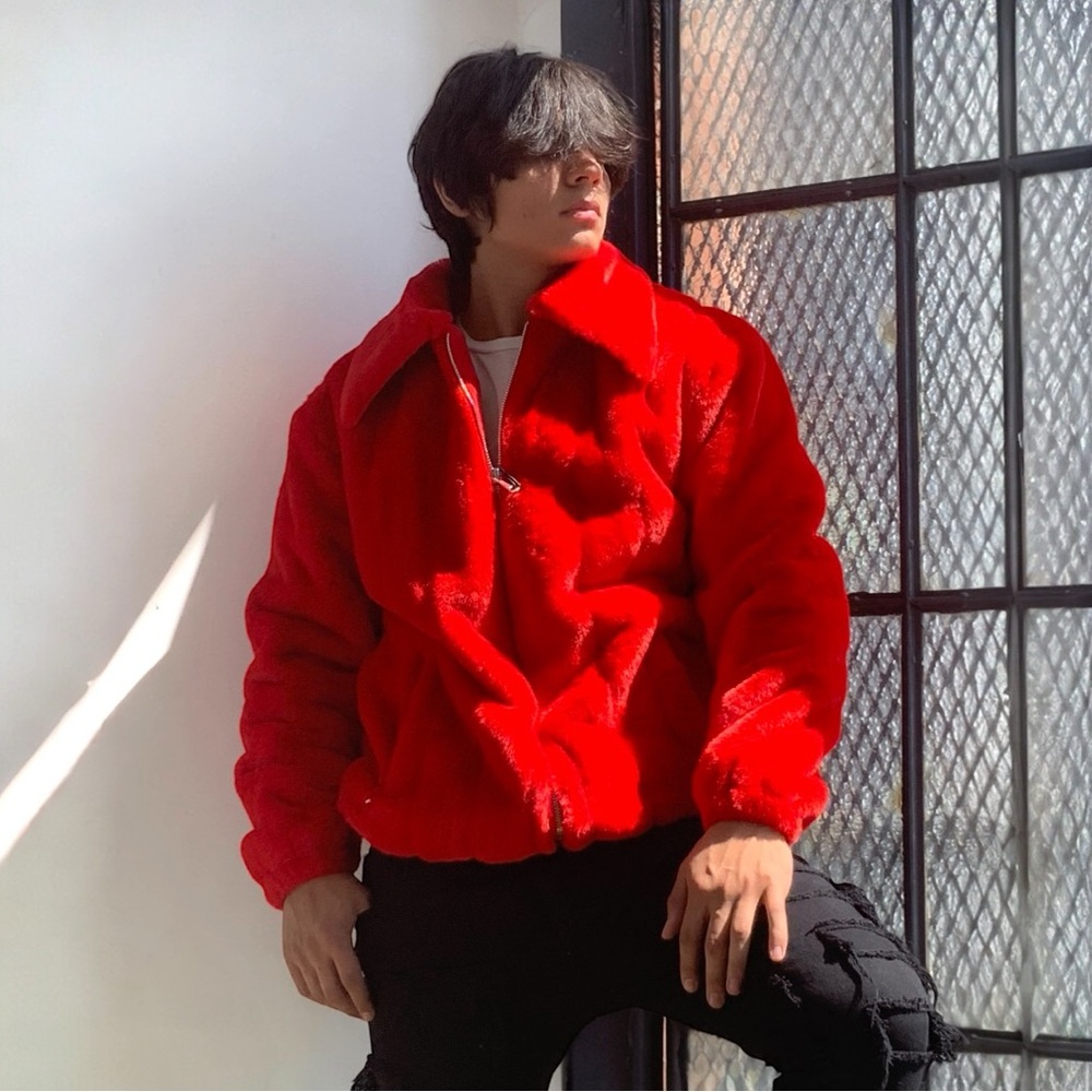 Men's Manzini Red Faux Fur Fuzzy Coat NWT